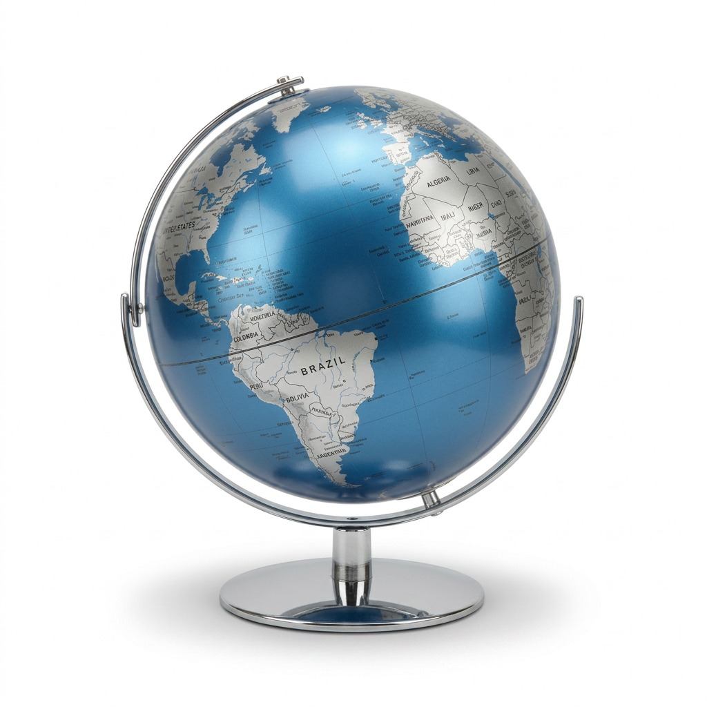A high-resolution, centered view of the Replogle Globes MADRID Blue - EN (MPN: 80516) on a polished chrome stand, floating against a pure white background. The shiny blue ocean and silver continents are sharply visible.