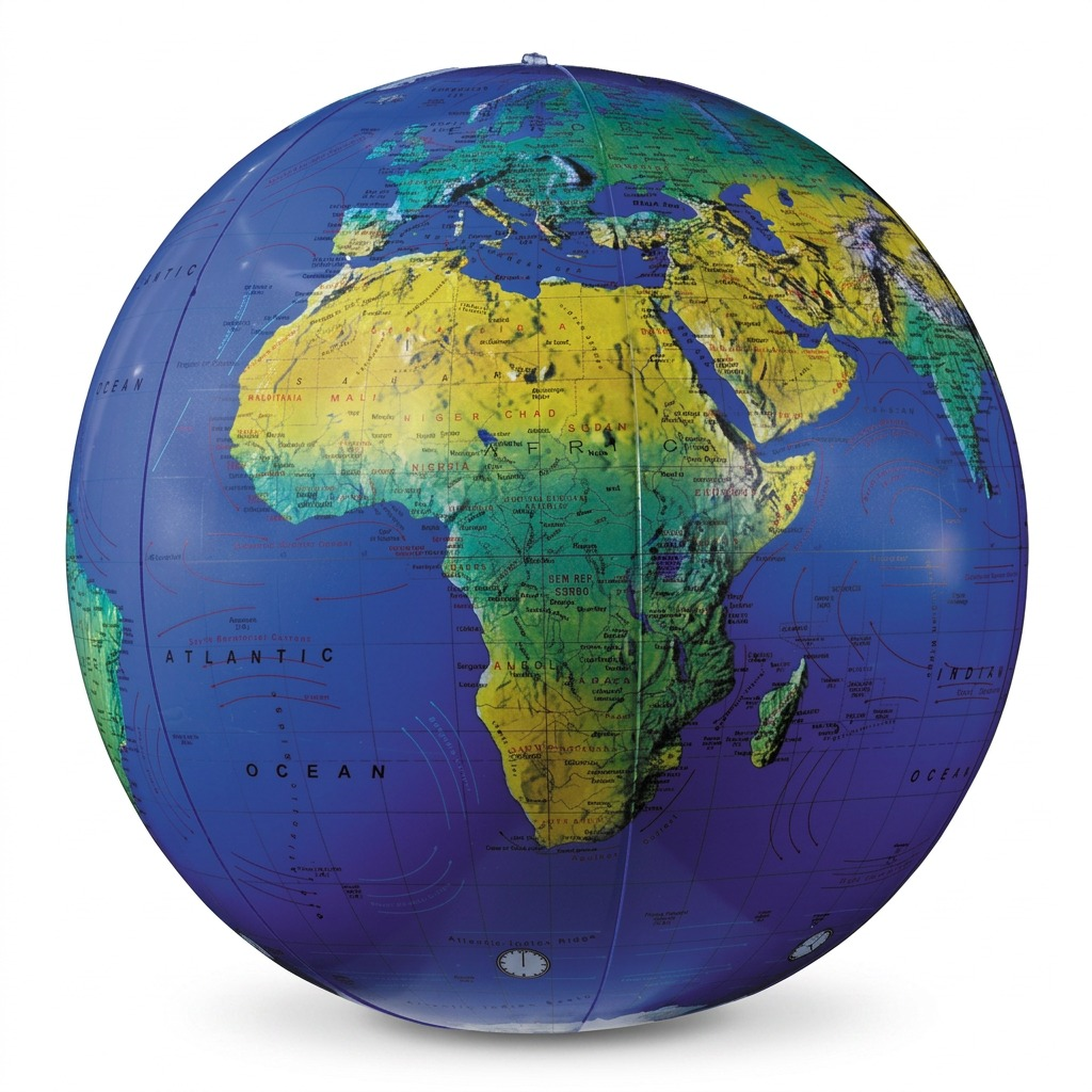 A perfectly rendered, high-resolution hero shot of the fully inflated Replogle 16-inch Blue Ocean Inflatable Globe, centered against a pure white background. The globe accurately displays the detailed physical map, vibrant country borders, and clear English place names as seen on the reference product, with realistic material reflections and clean edges.