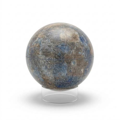 A high-resolution photo of the Replogle Astronomy Magazine Mercury globe on its clear acrylic stand, showing the detailed blue and brown surface.
