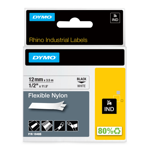 DYMO Rhino Industrial Flexible Nylon Labels, Authentic DYMO Labels, For Labeling Wires, Cables and More (1/2", Black on White)