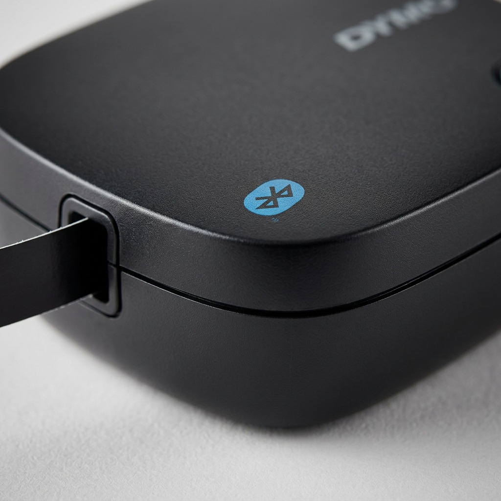 Extreme macro focuses on the blue Bluetooth LED & precise plastic casing texture of the LetraTag 200B.