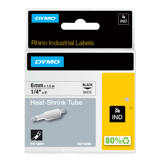 DYMO Rhino Industrial Heat-Shrink Labels, Authentic DYMO Labels, For Tubing or Cables (1/4" Tube, Black on White)