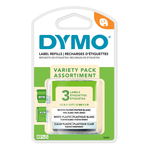 DYMO LT Labels Variety Pack, 1/2" x 13-Foot Rolls, Black Print, 3 Rolls, for LetraTag label makers