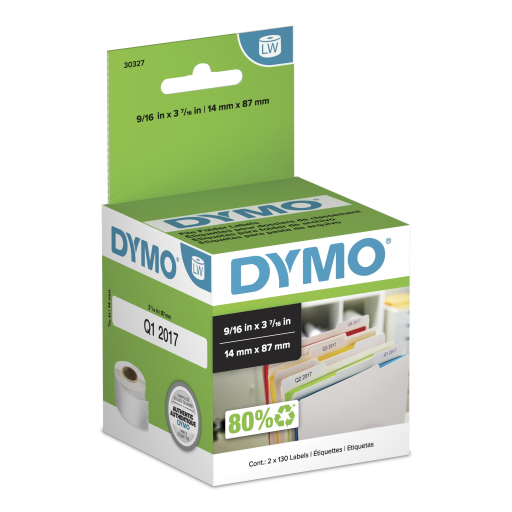 DYMO LW 1-Up File Folder Labels, DYMO Labels for LabelWriter Label Printers, White, 9/16" x 3-7/16", 2 Rolls of 130 (260 Total)