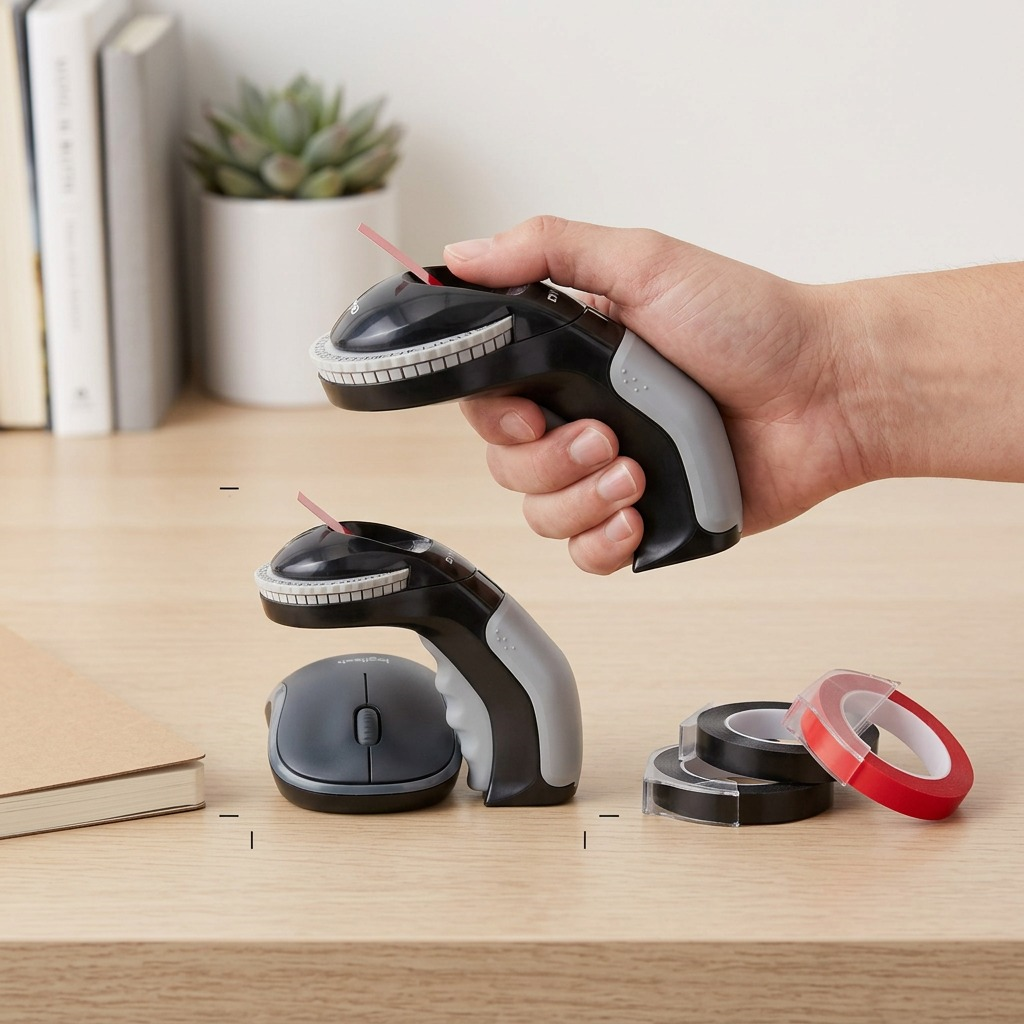A photo-realistic image of the DYMO Organizer Xpress Pro label maker being held by a human hand, positioned next to a standard mechanical pencil. Both items are sitting on a light-colored wood grain desk surface. The scene has clean, neutral ecommerce lighting. The image successfully conveys the physical scale of the label maker relative to a common office item and a hand, with no text or logos visible, and accurate product details from image_0.png.