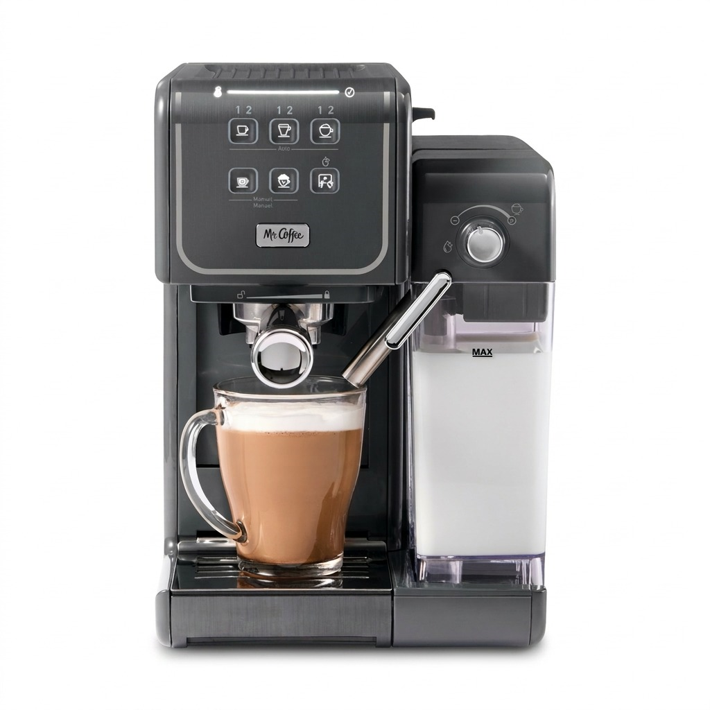 A high-resolution hero shot of the Mr. Coffee One-Touch CoffeeHouse+ Espresso & Cappuccino Machine, charcoal grey, against a pure white background.