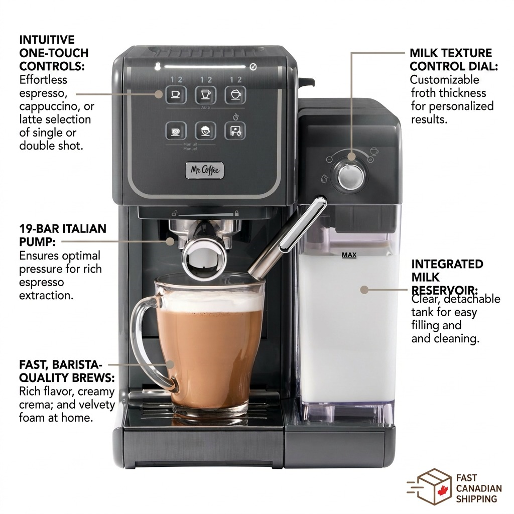 An informative, professional infographic detailing features of the Mr. Coffee One-Touch CoffeeHouse+ machine, including the 19-bar pump and removable milk milk reservoir, with a fast shipping icon.
