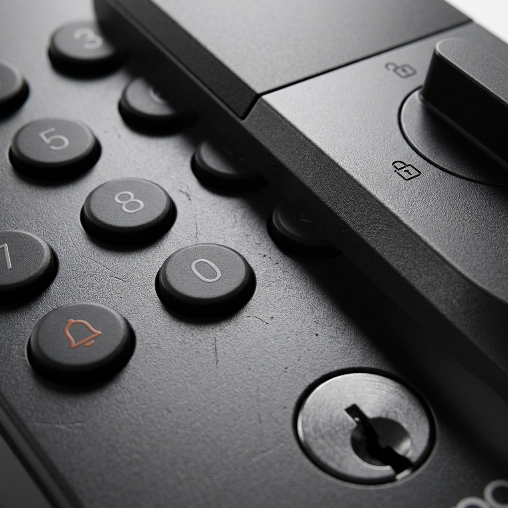 Extreme macro view showcasing the tactile backlit buttons, fingerprint sensor, and durable matte finish of the Tapo Smart Wi-Fi Door Lock and interior unit.