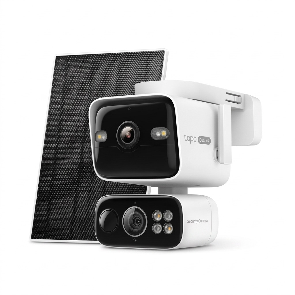 Hero shot of the TP-Link Tapo C675D KIT dual-lens security camera and solar panel on a white background.