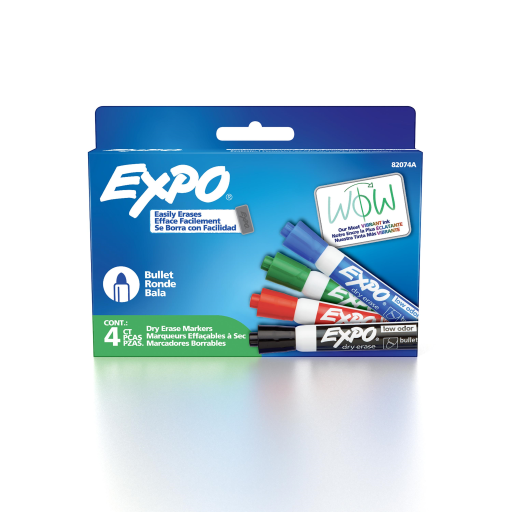 EXPO Dry Erase Markers, Low Odour Ink, Assorted Colours, Bullet Tip, 4 Count