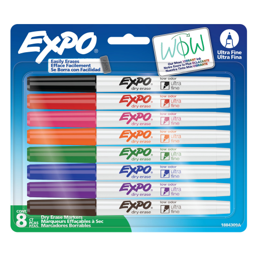 EXPO Dry Erase Markers, Low Odour Ink, Assorted Colours, Ultra Fine Tip, 8 Count