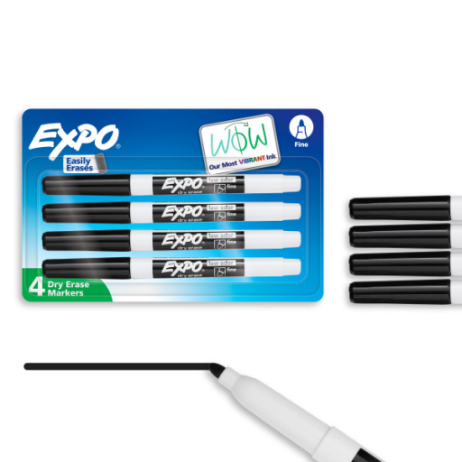 Expo Low Odour Dry Erase Markers, Fine Tip, Black, 4 Count