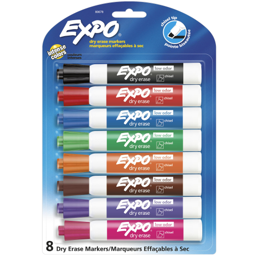 Expo Low Odour Dry Erase Markers, Chisel Tip, Assorted Colours, 8 Count