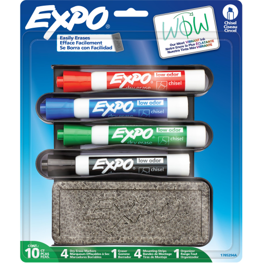EXPO Dry Erase Markers Kit, Chisel Tip, Assorted Colours, Eraser, Mountable Organizer with Mounting Strips, 10 Count