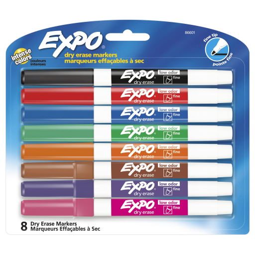 EXPO Dry Erase Markers, Low Odour Ink, Assorted Colours, Fine Tip, 8 Count
