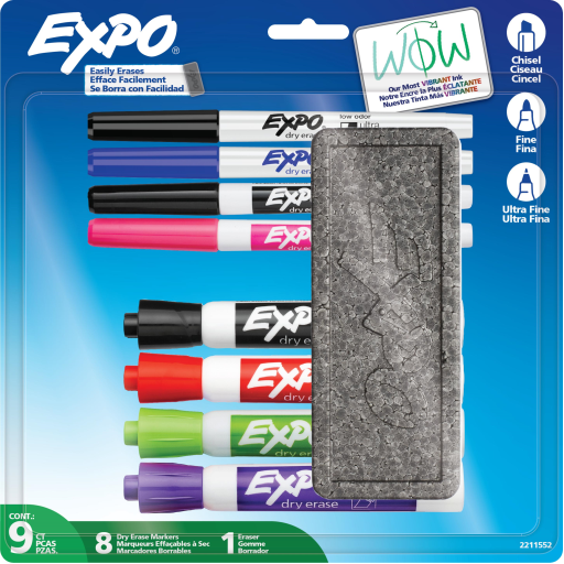 EXPO Dry Erase Markers Kit, Fine and Chisel Tip Markers, 8 Assorted Colours and Eraser