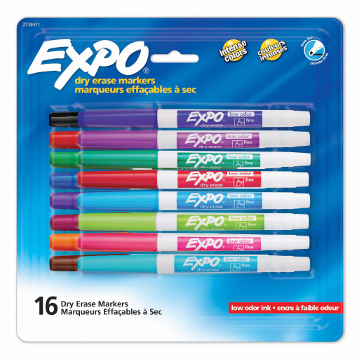 EXPO Dry Erase Markers, Low Odour Ink, Assorted Colours, Fine Tip, 16 Count