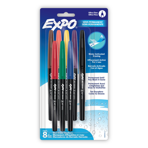 EXPO Wet Erase Markers, Semi-Permanent Markers, Assorted, Ultra Fine Tip, 8 Count