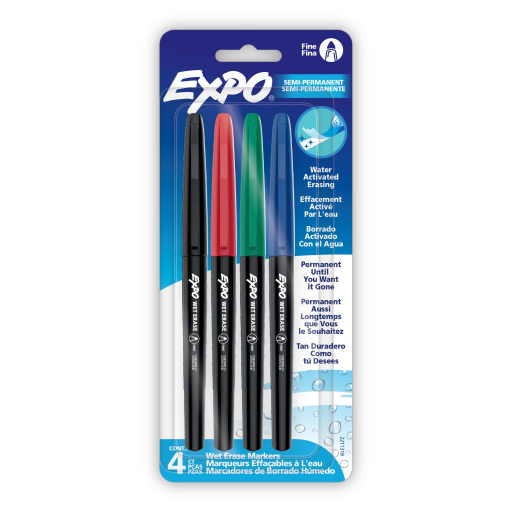 EXPO Wet Erase Markers, Semi-Permanent Markers, Assorted, Fine Tip, 4 Count