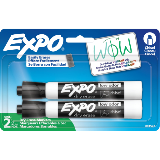 EXPO Dry Erase Markers, Low Odour Ink, Black, Chisel Tip, 2 Count