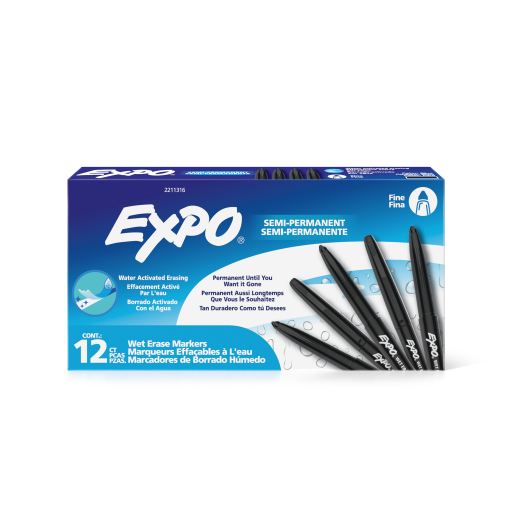 EXPO Wet Erase Marker, Semi-Permanent Markers, Black, Fine Tip, 1 Unit