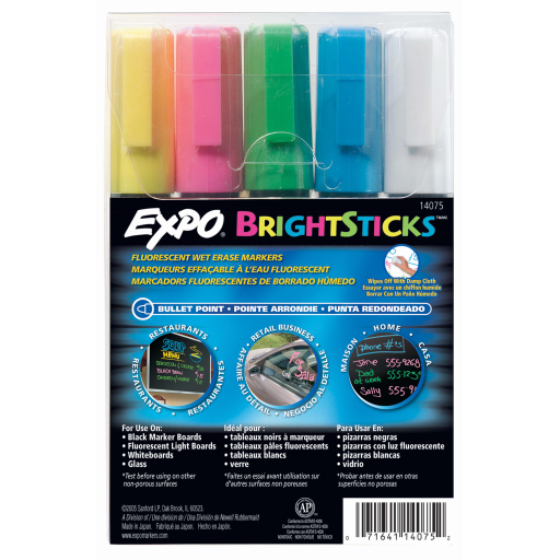 Expo Bright Sticks Wet Erase Fluorescent Markers, Bullet Tip, Assorted Colours, 5 Count