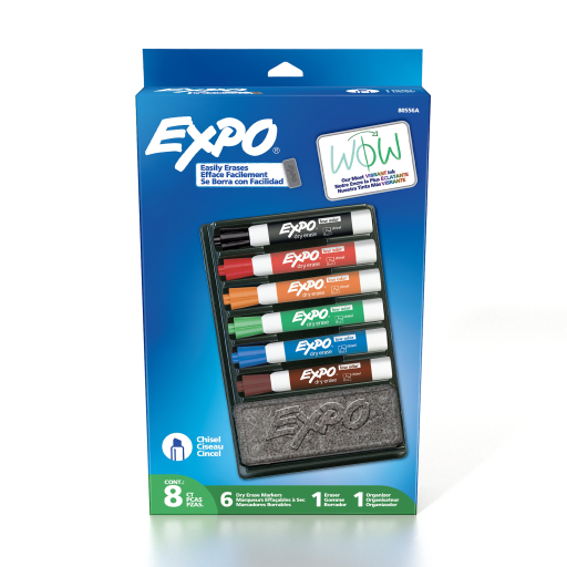 EXPO Dry Erase Markers Kit, Chisel Tip, Assorted Colours, Eraser, Organizer, 8 Count