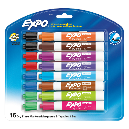 EXPO Dry Erase Markers, Low Odour Ink, Assorted Colours, Chisel Tip, 16 Count
