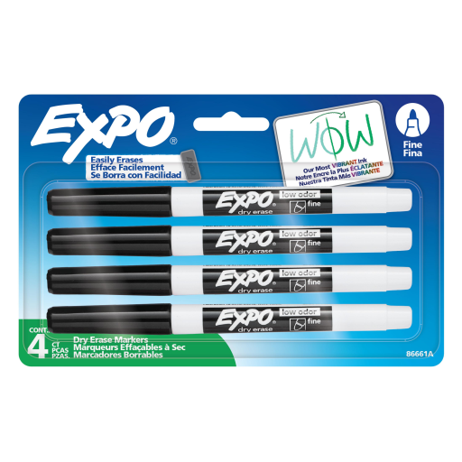 EXPO Dry Erase Markers, Low Odour Ink, Black, Fine Tip, 4 Count