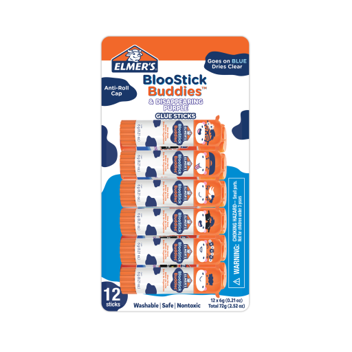 Elmer's BlooStick Buddies Glue Sticks, Disappearing Blue Glue Stick, Anti-Roll Cap, 6g, 12 Count