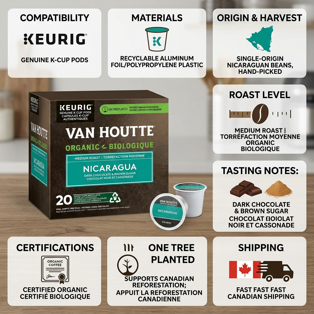 A infographic matrix showing the Van Houtte Nicaragua coffee box and pods with confidence icons.