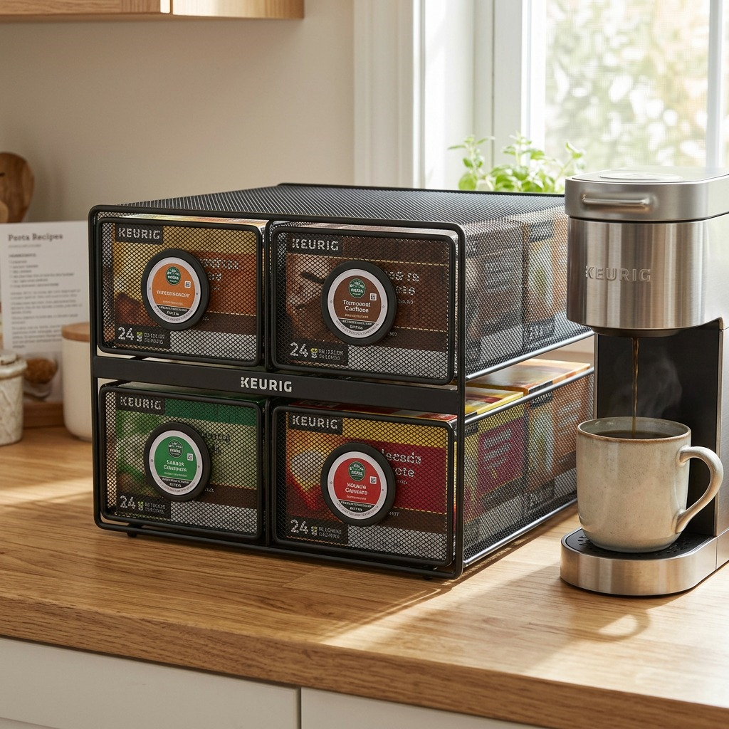 Lifestyle photo of Keurig Mesh Pod Storage with K-Cups in a cozy home coffee corner.