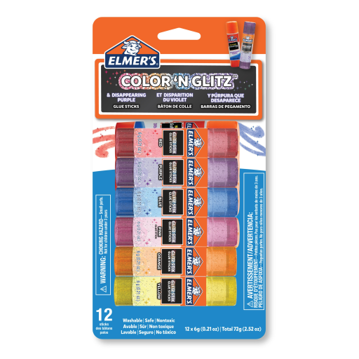Elmer’s Colour 'n Glitz Glue Sticks Variety Pack, Includes Disappearing Purple Glue Sticks, Washable, Assorted Colours, 6 Grams, 12 Count