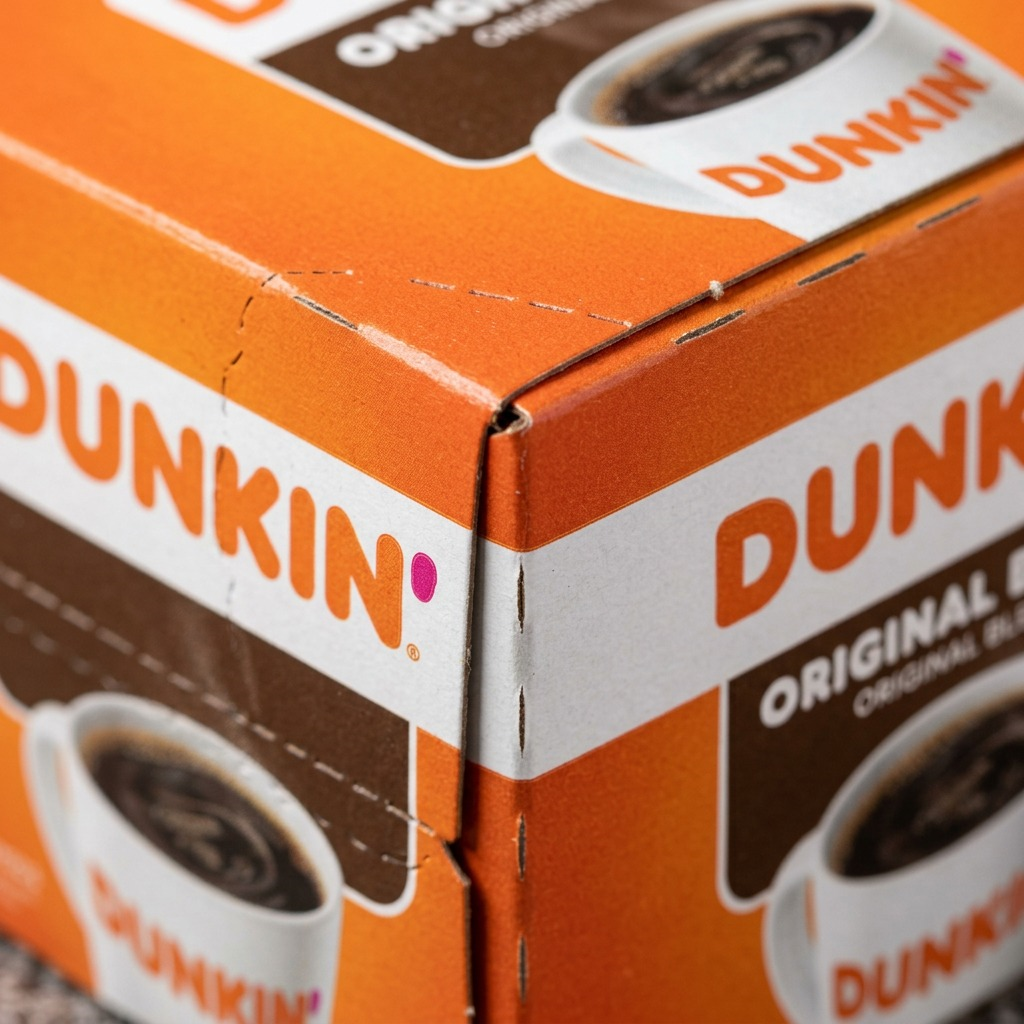 A macro photo of Dunkin' K-Cup box edge, focusing on cardboard texture and printed graphics.