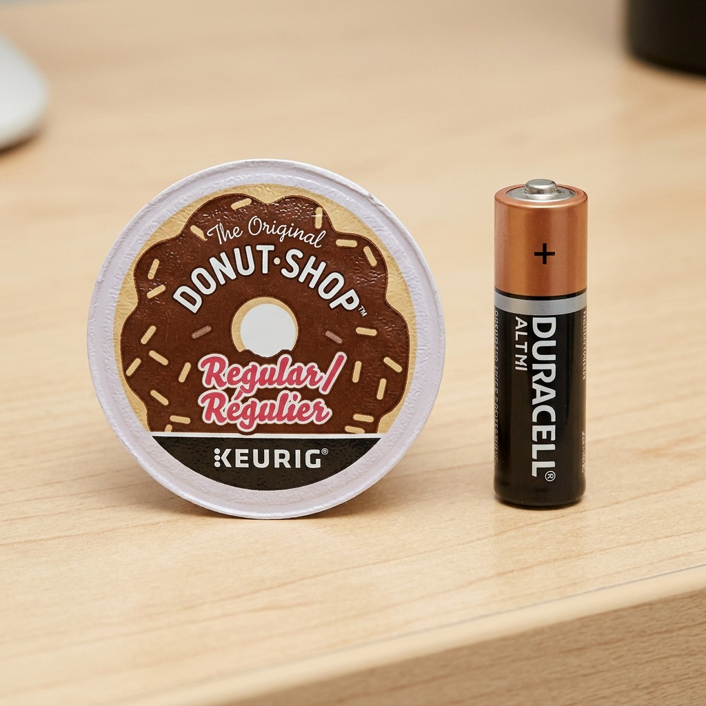 A side-by-side scale comparison showing a single K-Cup coffee pod next to a commonAA battery.