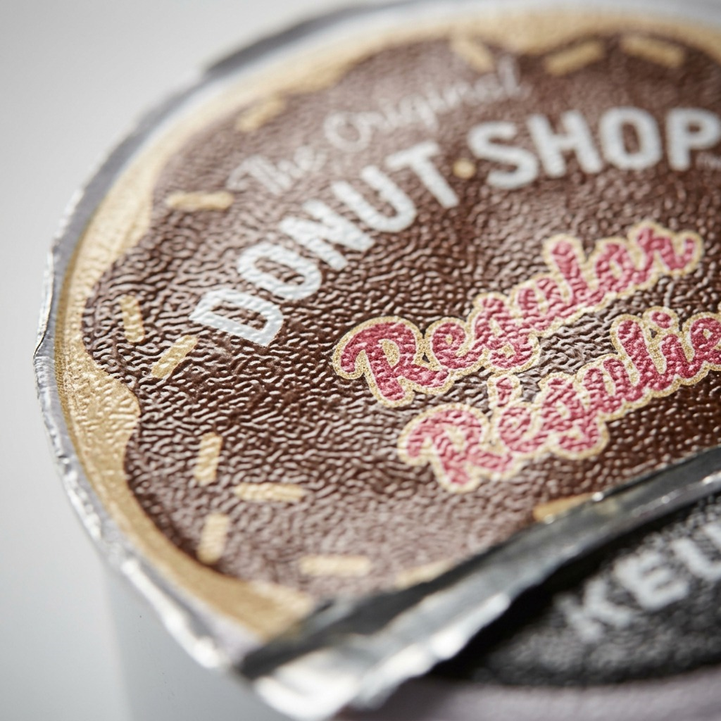 An extreme macro shot showing the fine texture of the donut image print on the K-Cup foil lid.