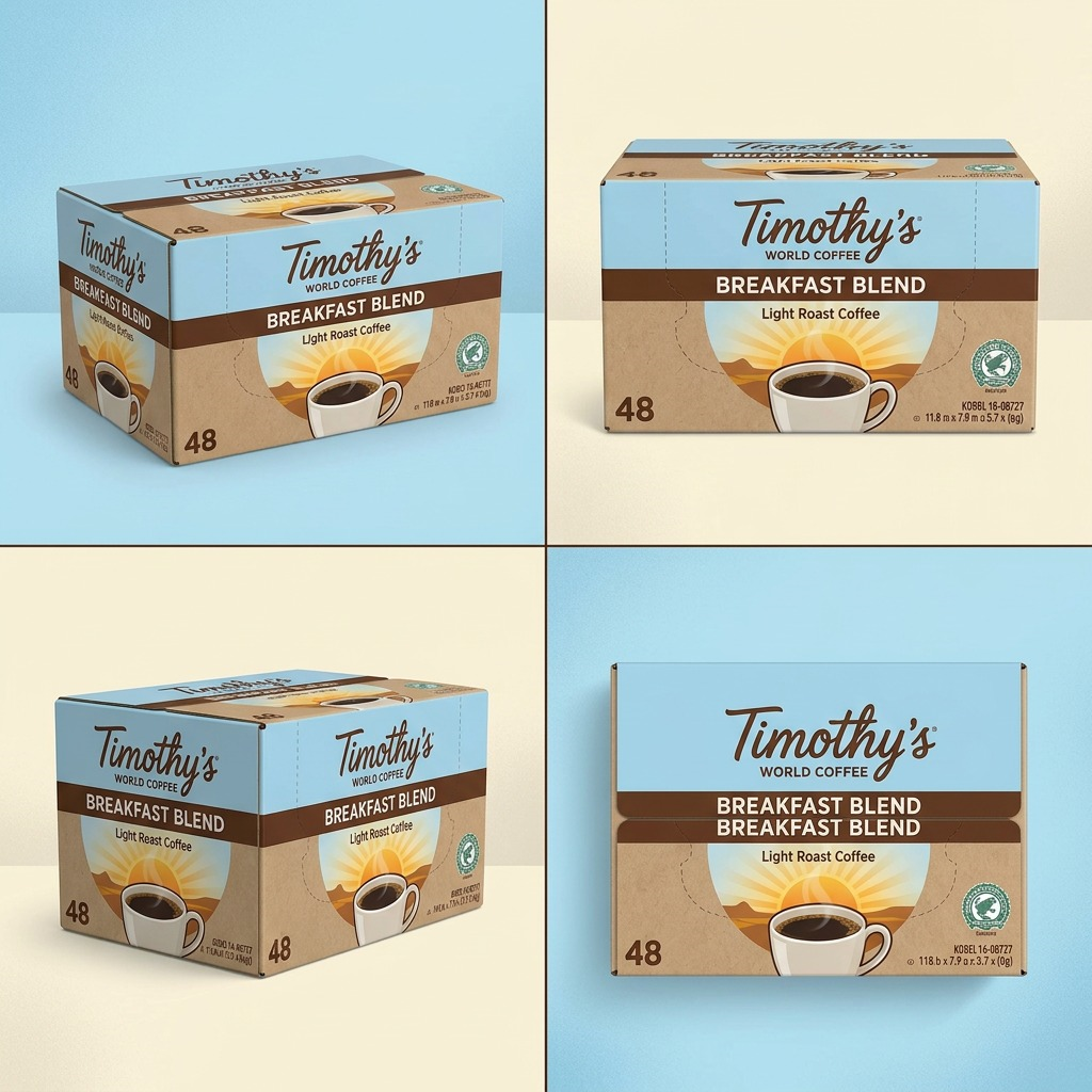 A premium grid showing the Timothy's Breakfast Blend 48Ct box from frontal, side, and top views on a solid background.