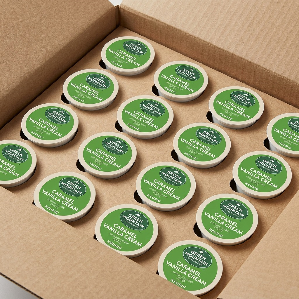 A realistic, high-quality photograph of multiple Green Mountain Caramel Vanilla Cream K-Cup pods neatly to reduce shipping damage.