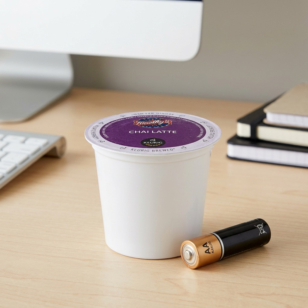 A real-world photo of a Timothy's Chai Latte K-Cup next to a standard AA battery for scale on a wooden desk.