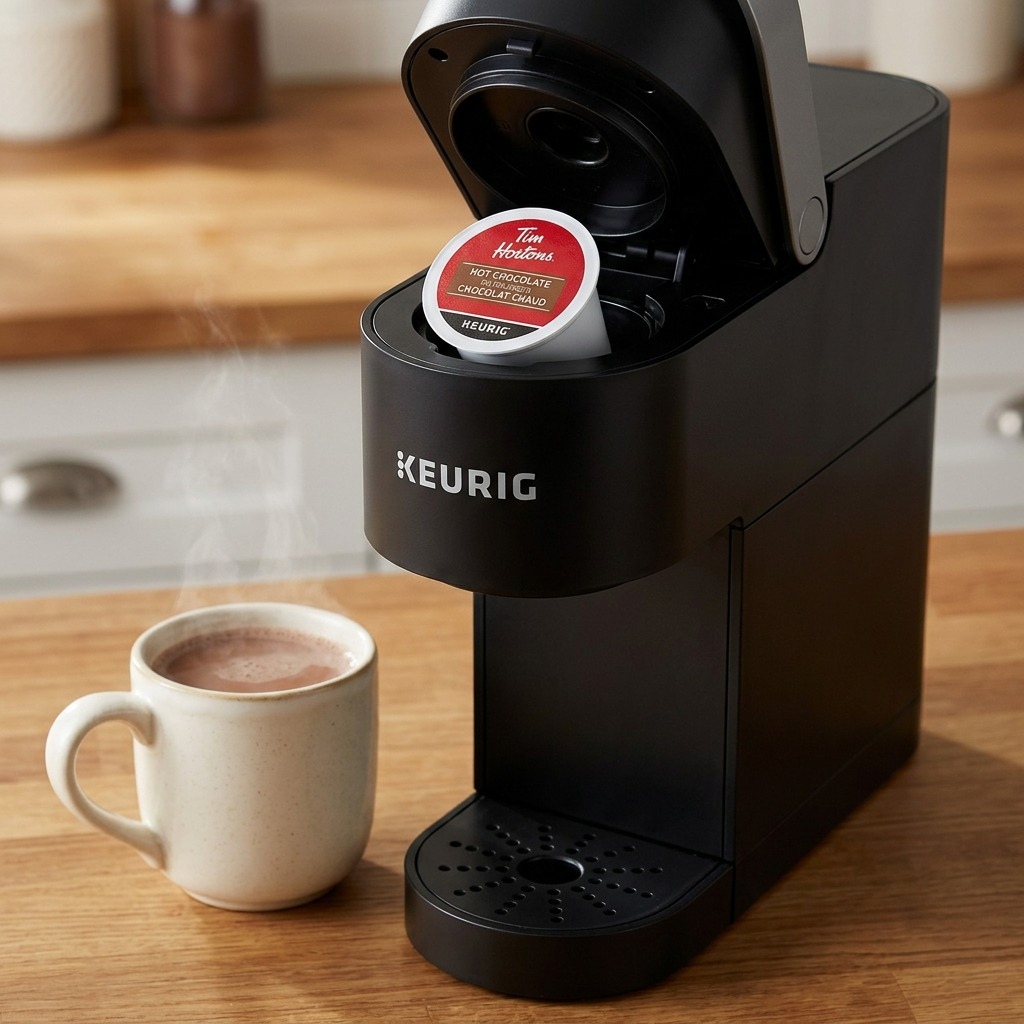 Lifestyle photo of a Tim Hortons Hot Chocolate K-Cup in a Keurig brewer nozzle, next to a mug and steam.