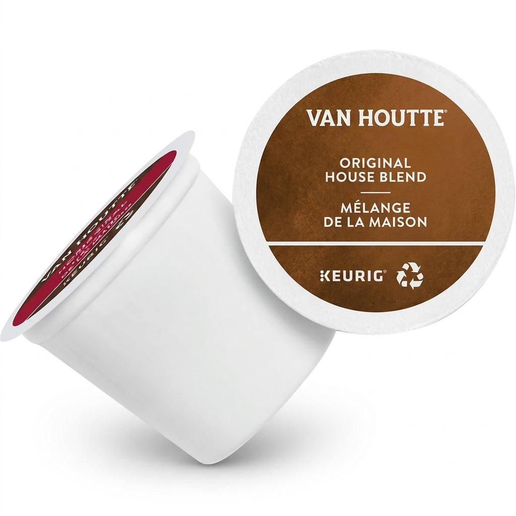 High-resolution ecommerce hero shot of a single Van Houtte Original House Blend K-Cup, showing the foil lid details clearly on a pure white background.