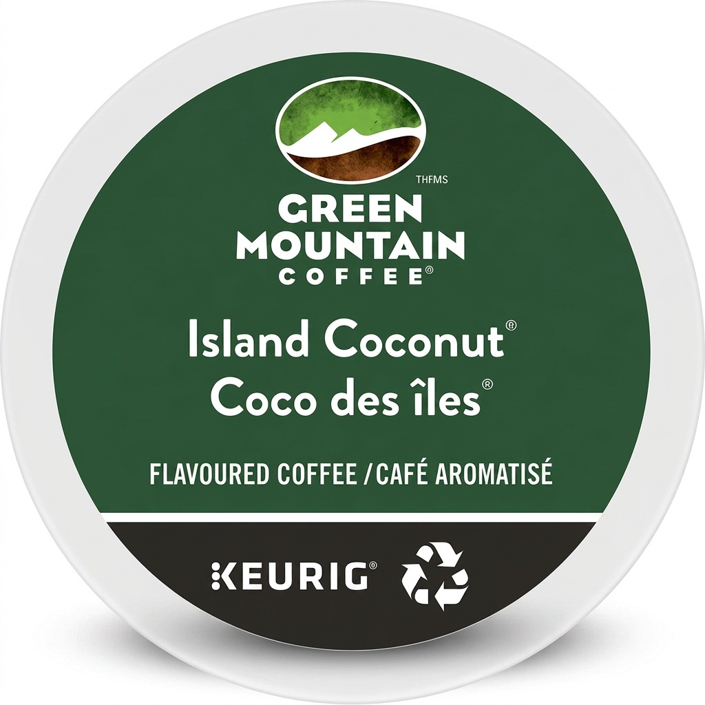 A high-resolution, centered photograph of a Green Mountain Island Coconut Keurig K-Cup pod against a pure white background, showcasing its dark green and black label with white text and logos.