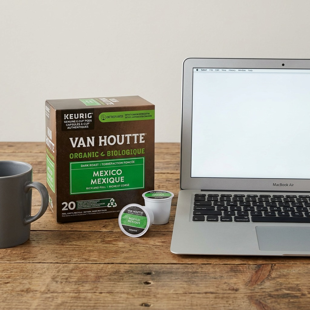 Scale reference photo: Van Houtte Mexico Organic K-Cup box and pod next to a laptop and coffee mug.