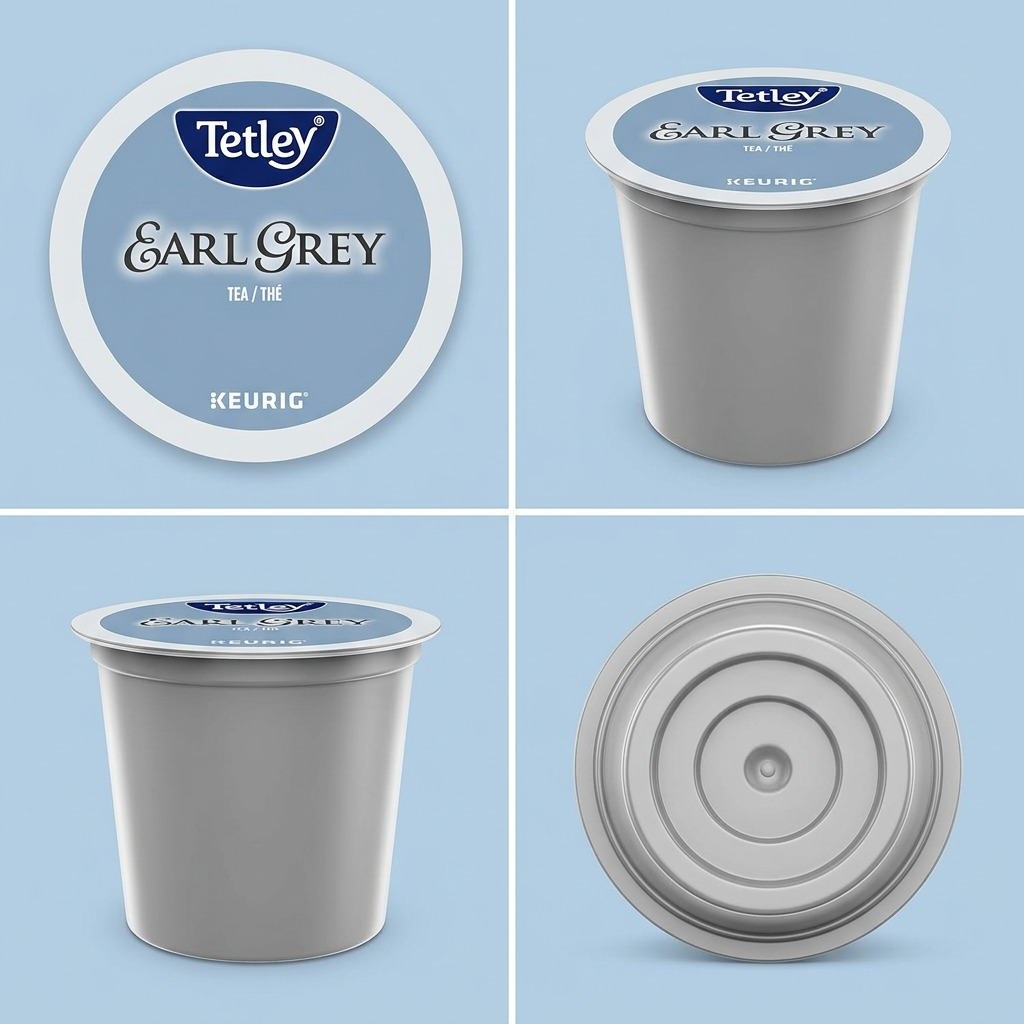 A clean e-commerce visual matrix showing the Tetley Earl Grey K-Cup product from four angles in a 2x2 grid.
