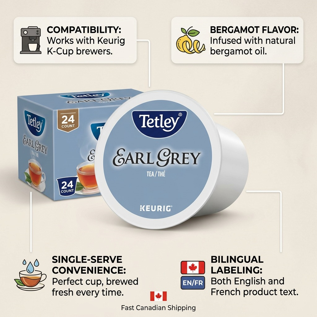A graphic showing a Tetley Earl Grey K-Cup with four labels for compatibility, flavor, and labeling.
