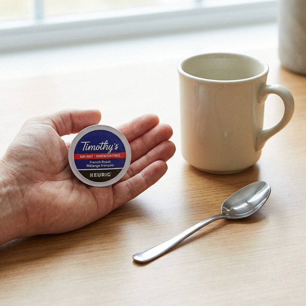 A Timothy's French Roast K-Cup coffee pod standing next to a standard stainless steel teaspoon on a wooden desk.