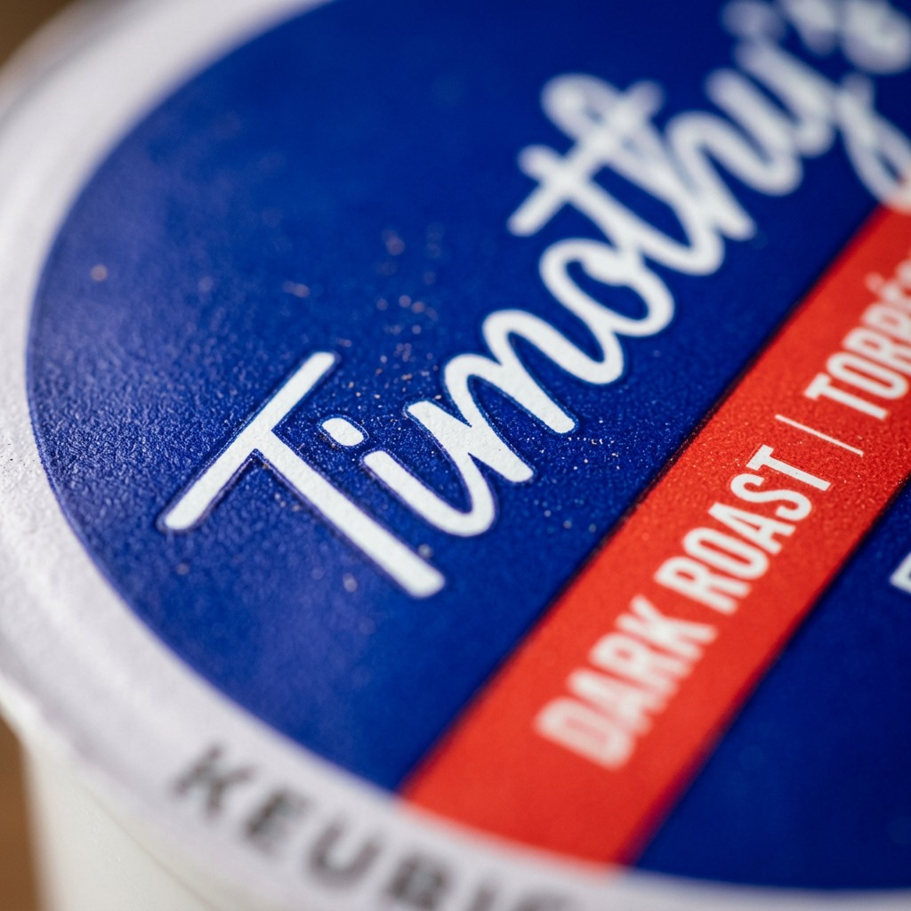 A macro photograph detailing the precise, sharp, white Timothy's coffee logo print on the deep blue K-Cup lid, showcasing the high-quality, professional manufacturing standards suitable for a Keurig brewer.