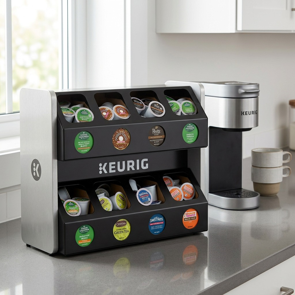 A high-resolution image showcasing the Keurig K-Cup drawer organizer filled with coffee pods on a modern kitchen counter with a coffee maker and mug, under natural light.