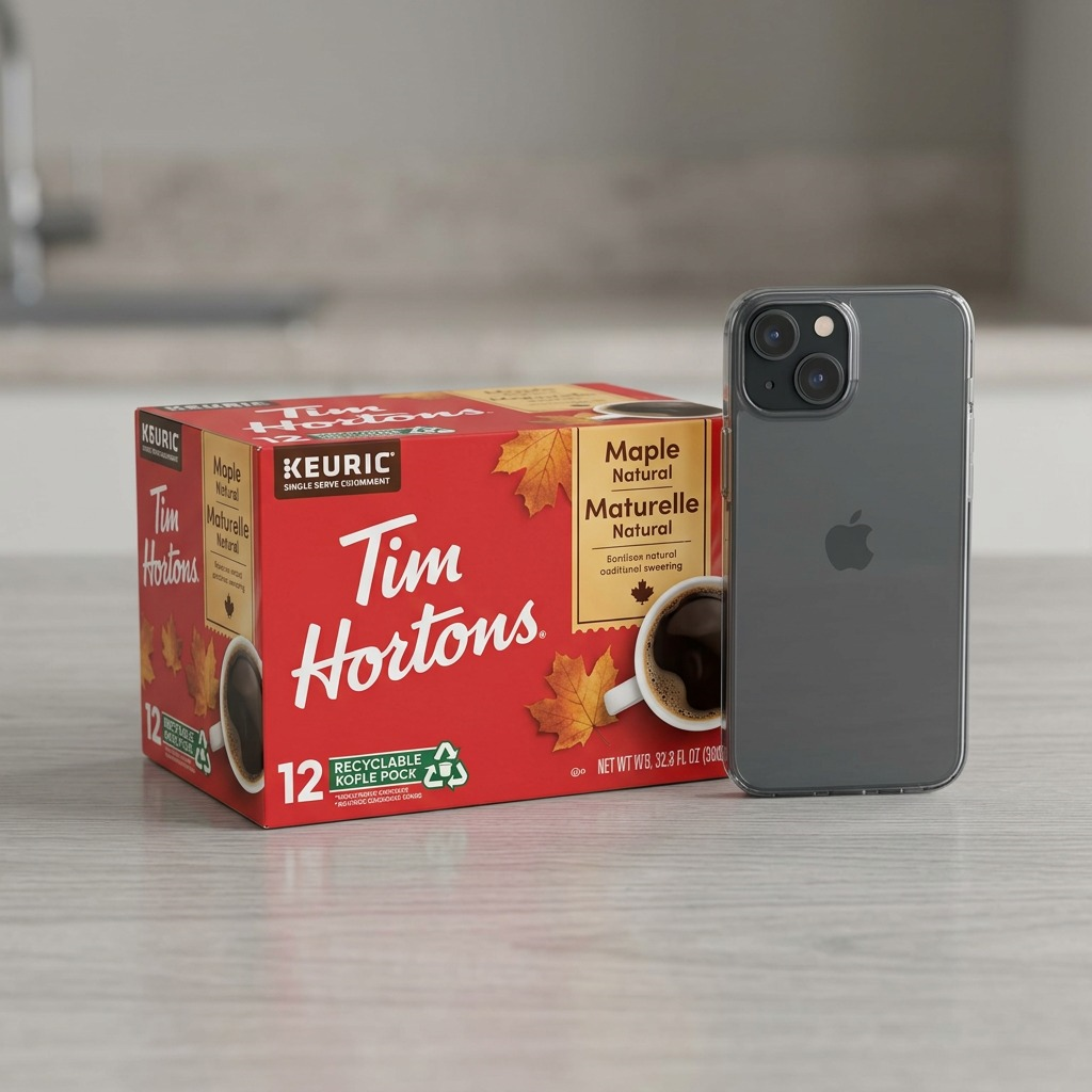 A photo-realistic image of a Tim Hortons Maple Coffee K-Cup box next to a smartphone, showing scale.