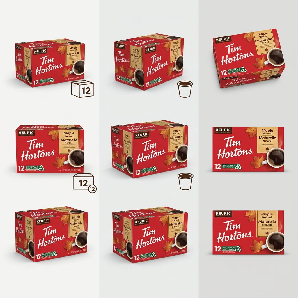 A PDP visual matrix detailing the Tim Hortons Maple Natural K-Cup 12-count pack. It includes three distinct angled views to showcase the product comprehensively. A subtle '12' icon indicates the count, and the 'Single-Serve Pod' configuration is clearly shown through a stylized icon. The brand-aligned background and premium ecommerce styling create a clean comparison of useful angles and configuration, providing all necessary information for a confident purchase.